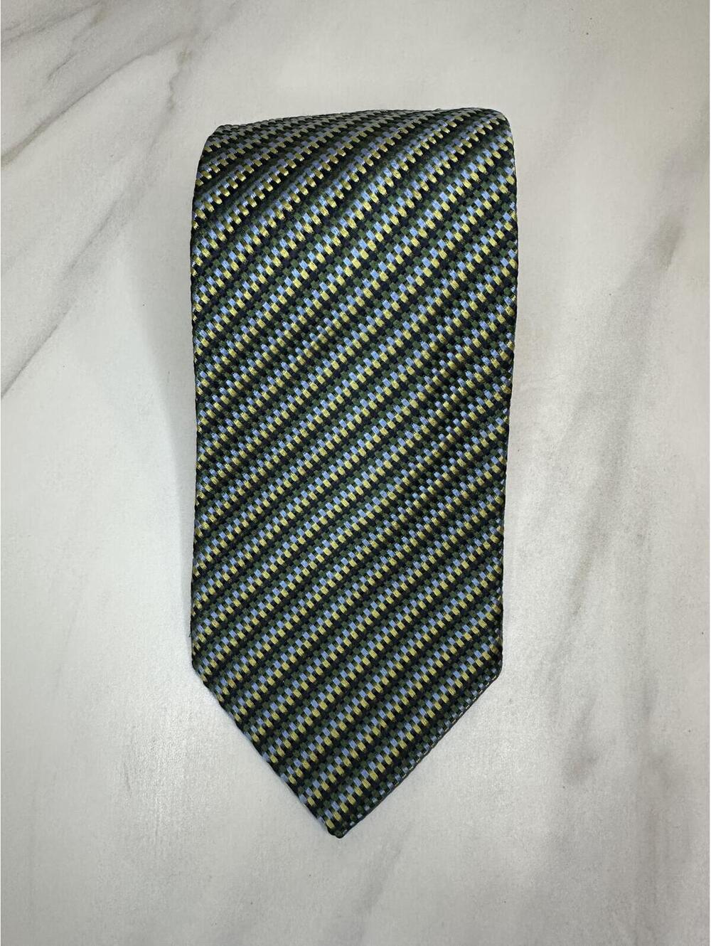 Vintage XMI Platinum 100% English silk tie blue green gold geometric check
